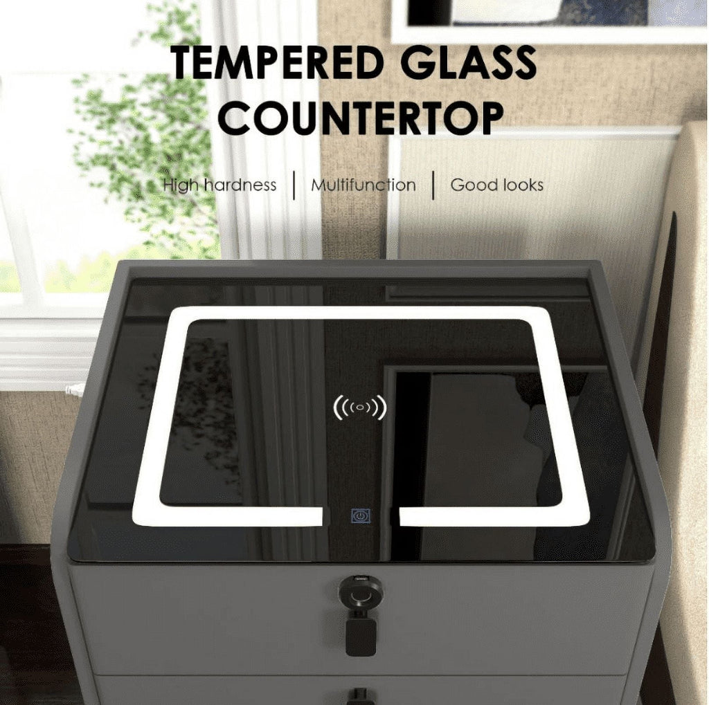 Smart Three-Drawer Bedside Cabinet - Dark Grey with Bluetooth Speaker & Wireless Charging