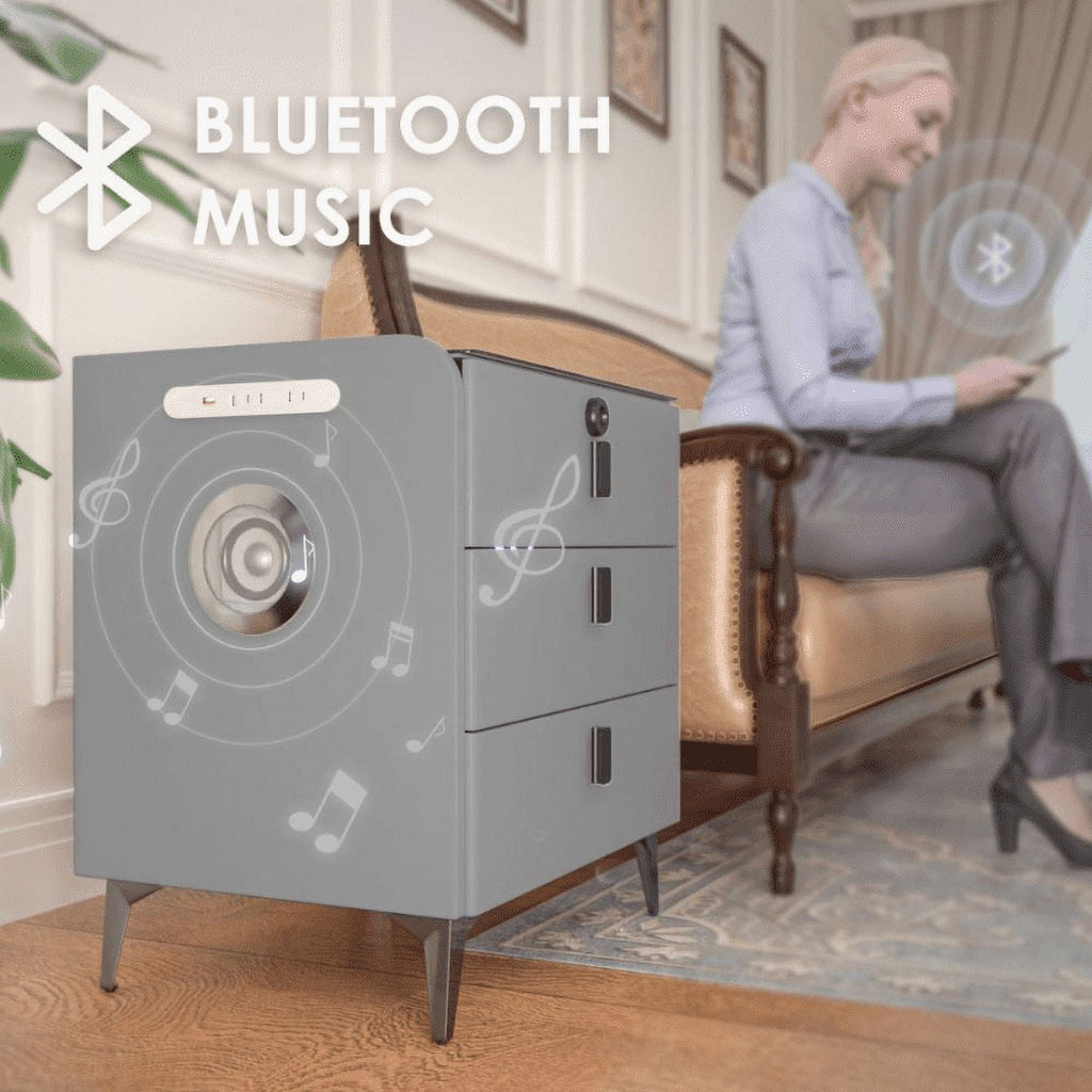 Smart Three-Drawer Bedside Cabinet - Dark Grey with Bluetooth Speaker & Wireless Charging