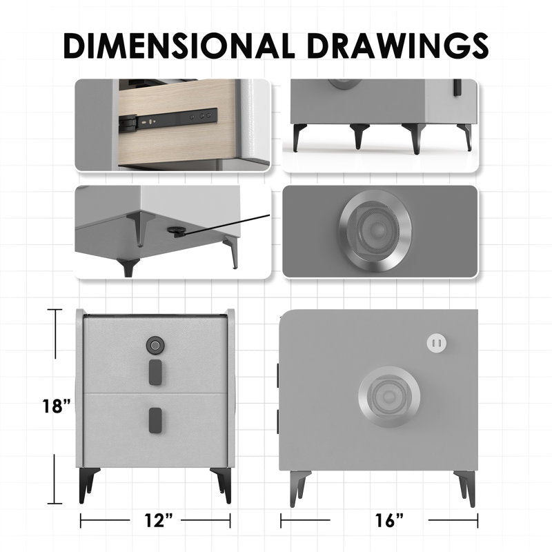 2 - Drawer Small Nightstand with Fingerprint Lock and LED and Music Player