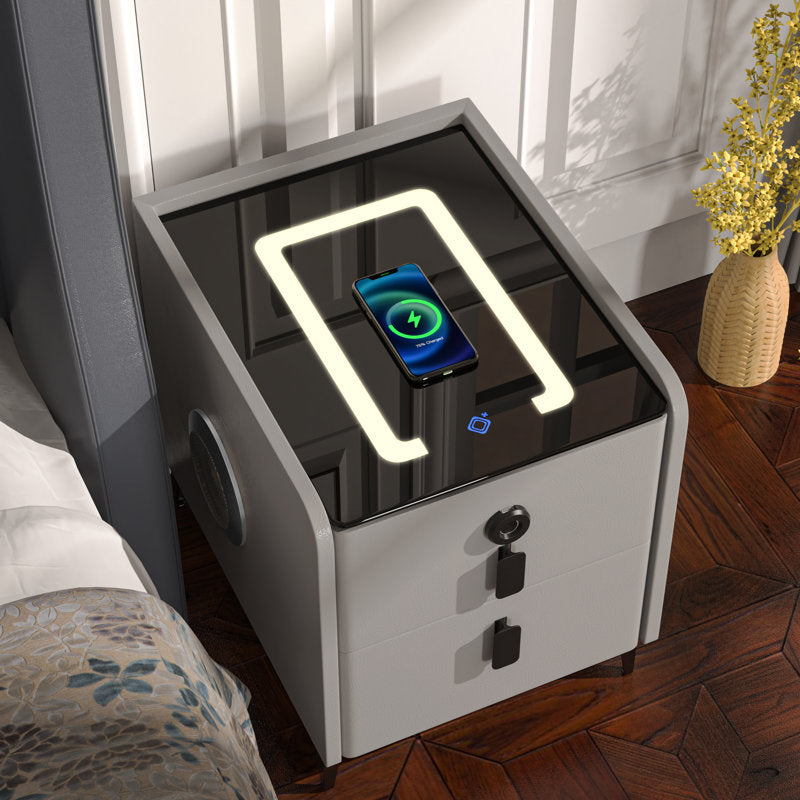 2 - Drawer Small Nightstand with Fingerprint Lock and LED and Music Player