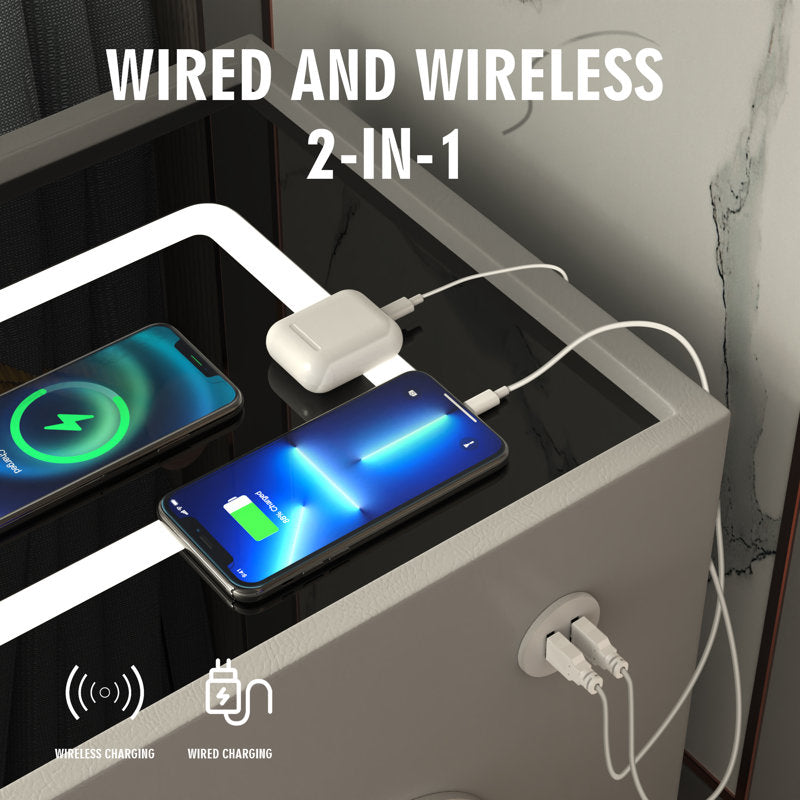 2 - Drawer Small Nightstand with Fingerprint Lock and LED and Music Player