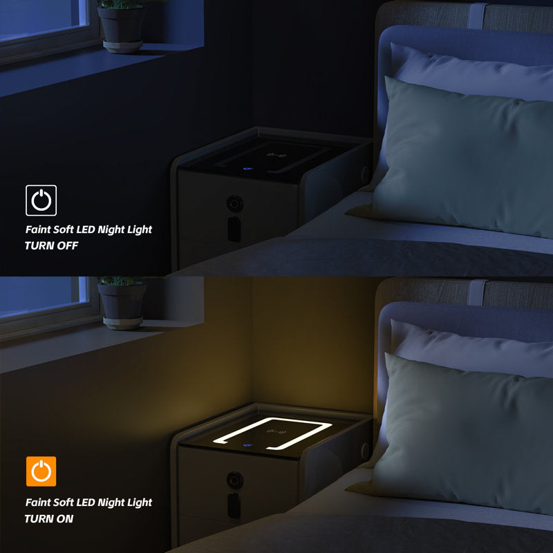 2 - Drawer Small Nightstand with Fingerprint Lock and LED and Music Player