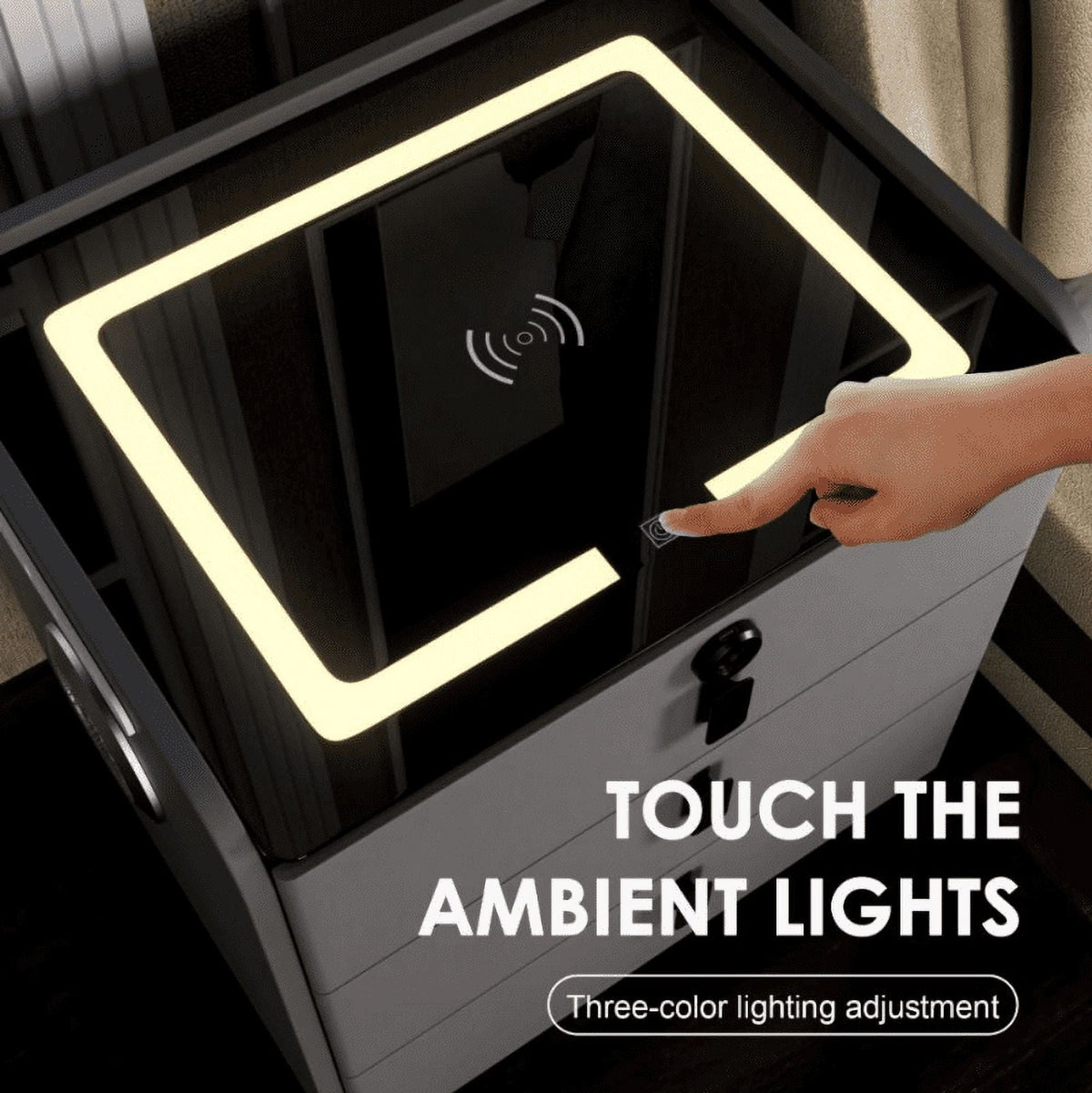 Smart Three-Drawer Bedside Cabinet - Dark Grey with Bluetooth Speaker & Wireless Charging