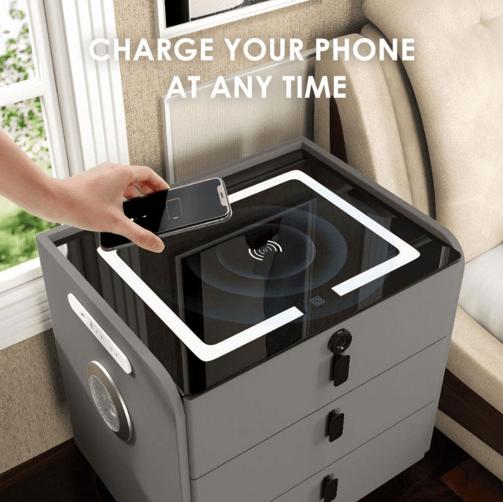 Smart Three-Drawer Bedside Cabinet - Dark Grey with Bluetooth Speaker & Wireless Charging