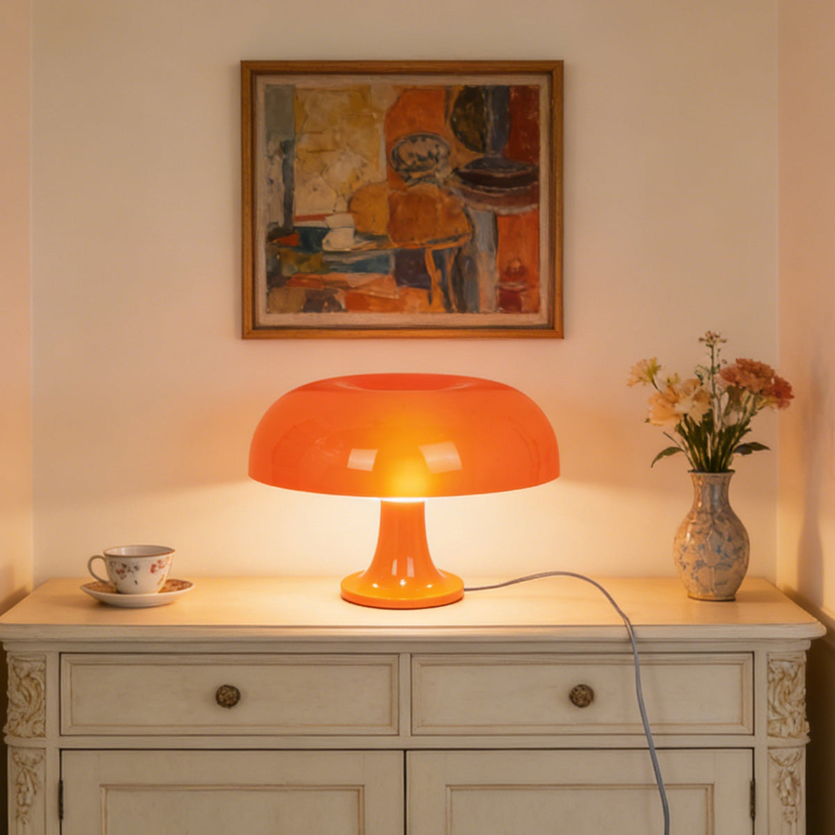 Mid-Century Modern Orange Mushroom Table Lamp - 3-Color Dimmable LED Accent Lamp, Retro Donut Shape Night Light(E14 Base, 3-Color Light Source Included)