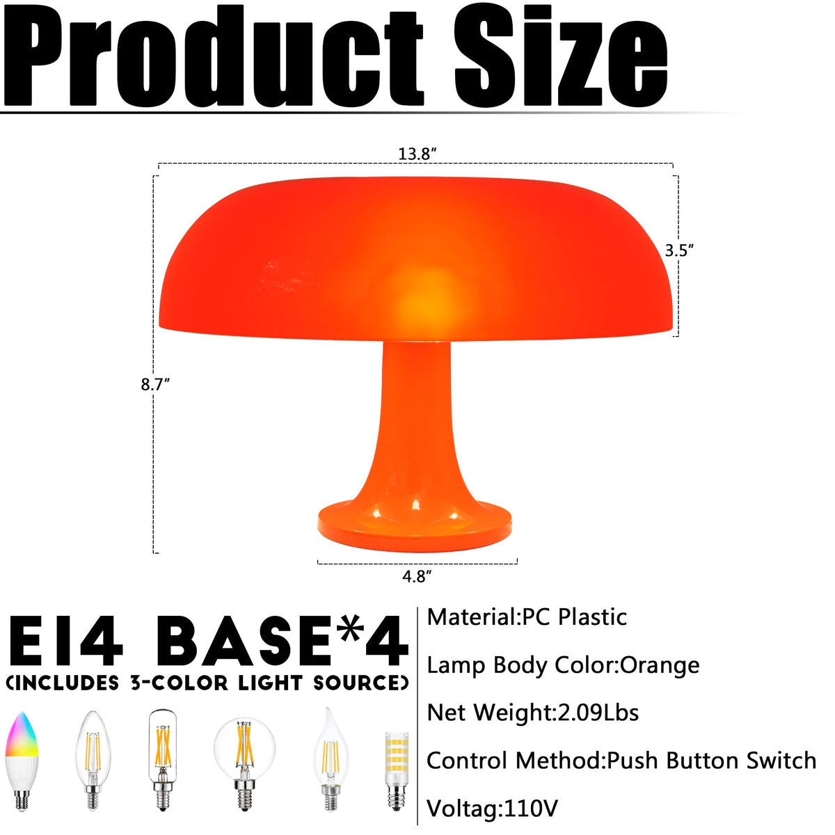Mid-Century Modern Orange Mushroom Table Lamp - 3-Color Dimmable LED Accent Lamp, Retro Donut Shape Night Light(E14 Base, 3-Color Light Source Included)