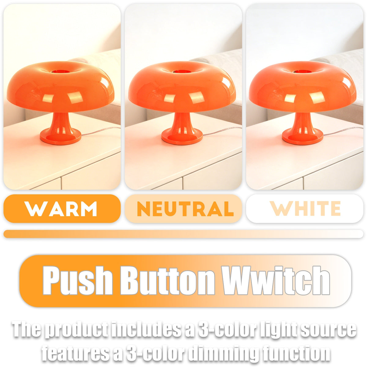Mid-Century Modern Orange Mushroom Table Lamp - 3-Color Dimmable LED Accent Lamp, Retro Donut Shape Night Light(E14 Base, 3-Color Light Source Included)