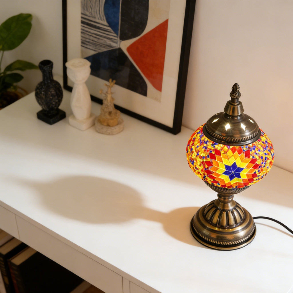 Turkish Moroccan Mosaic Table Lamp - Handcrafted Star Pattern Stained Glass Accent Lamp with Antique Bronze Base, E26 Warm Light Bulb Included