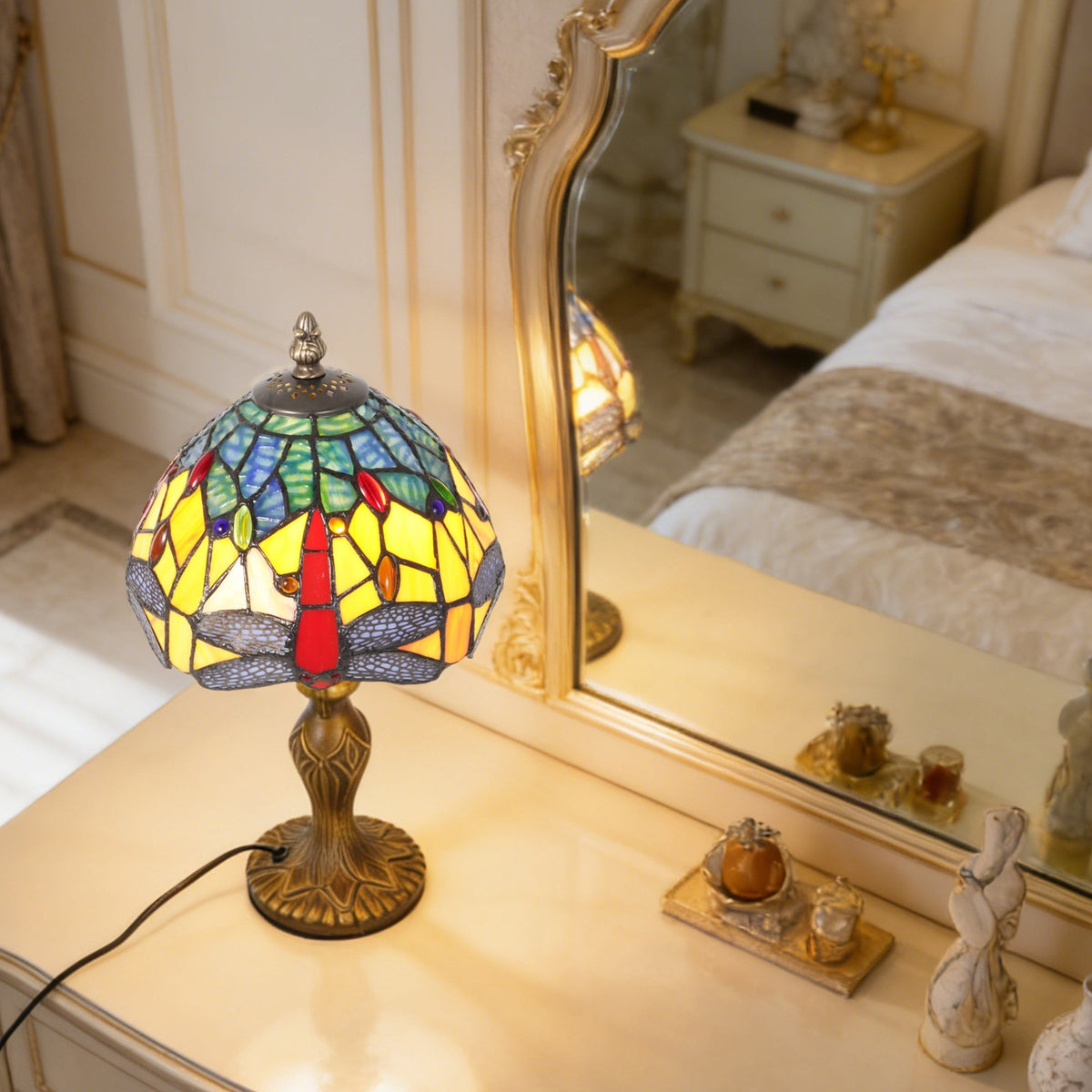 Vintage Tiffany Style Dragonfly Stained Glass Table Lamp - Yellow & Blue Art Glass Bedside Lamp with Bronze Base