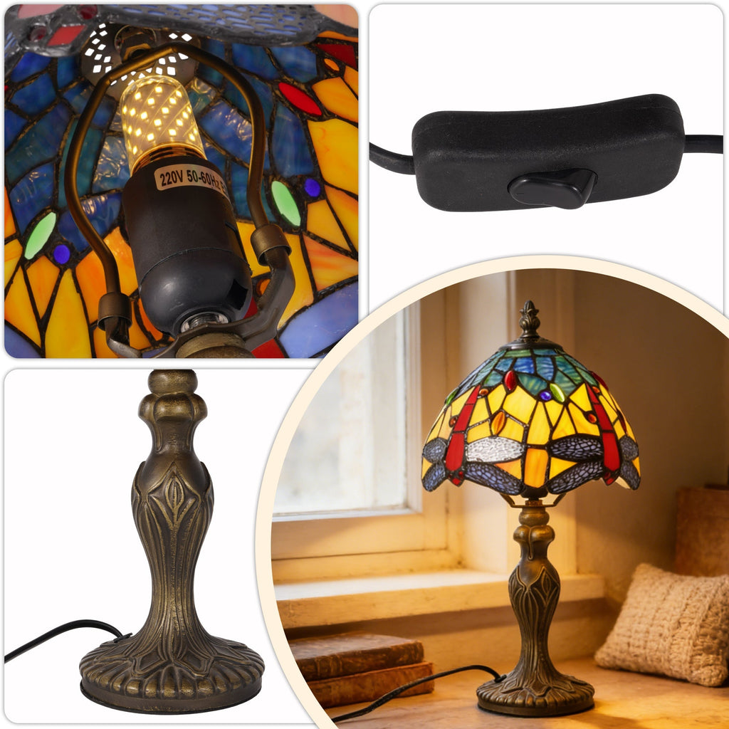 Vintage Tiffany Style Dragonfly Stained Glass Table Lamp - Yellow & Blue Art Glass Bedside Lamp with Bronze Base