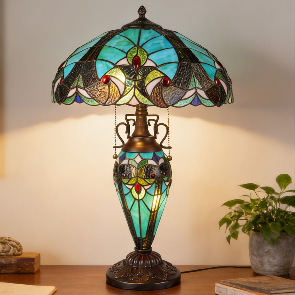 Vintage Tiffany Style Turquoise Stained Glass Table Lamp - 15.8" Dome Shade 2-Light Bronze Carved Base Desk Lamp