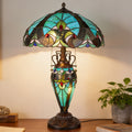 Vintage Tiffany Style Turquoise Stained Glass Table Lamp - 15.8" Dome Shade 2-Light Bronze Carved Base Desk Lamp
