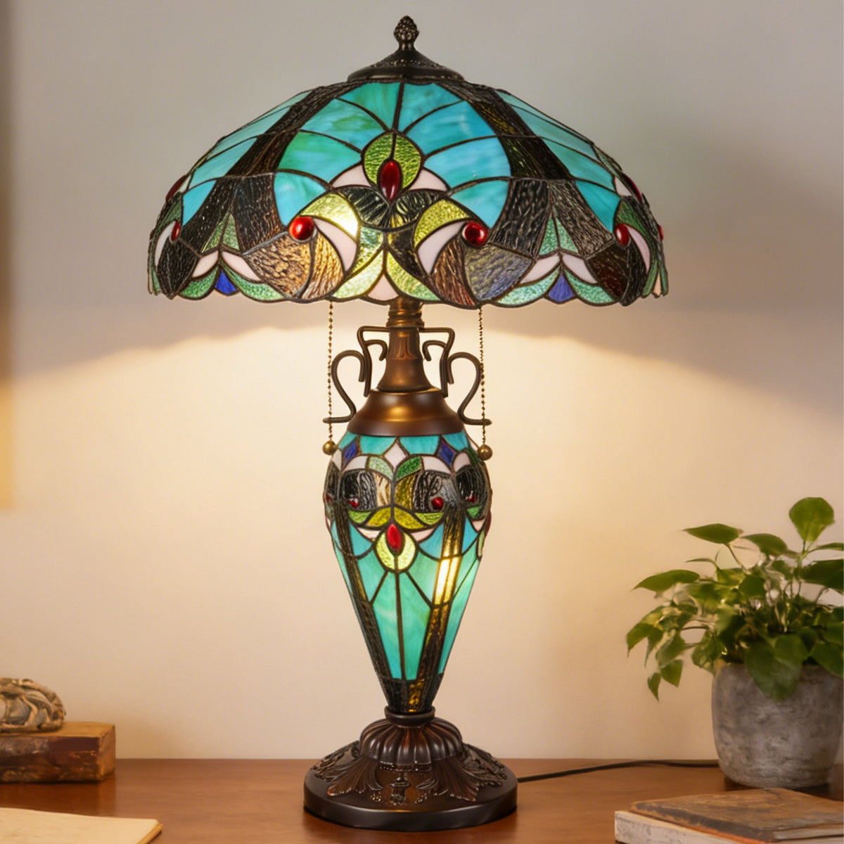 Vintage Tiffany Style Turquoise Stained Glass Table Lamp - 15.8" Dome Shade 2-Light Bronze Carved Base Desk Lamp