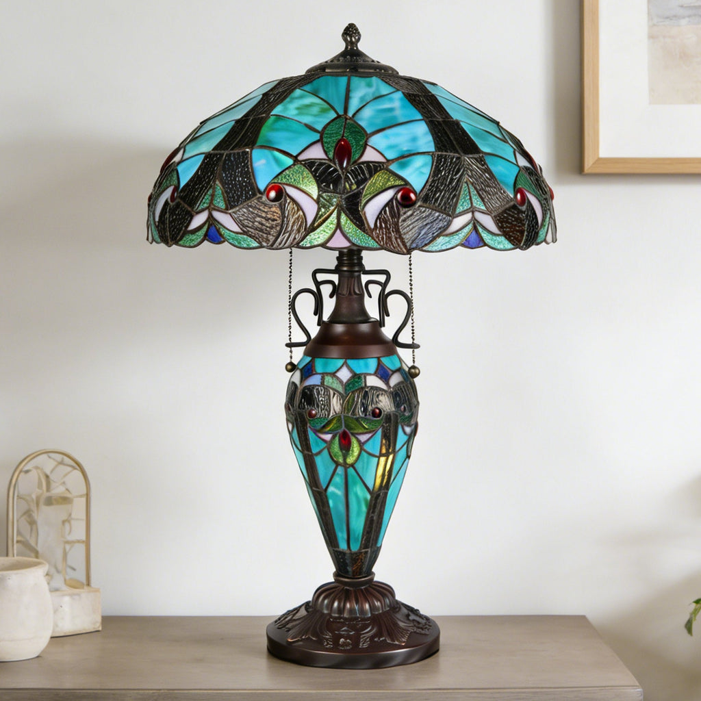 Vintage Tiffany Style Turquoise Stained Glass Table Lamp - 15.8" Dome Shade 2-Light Bronze Carved Base Desk Lamp