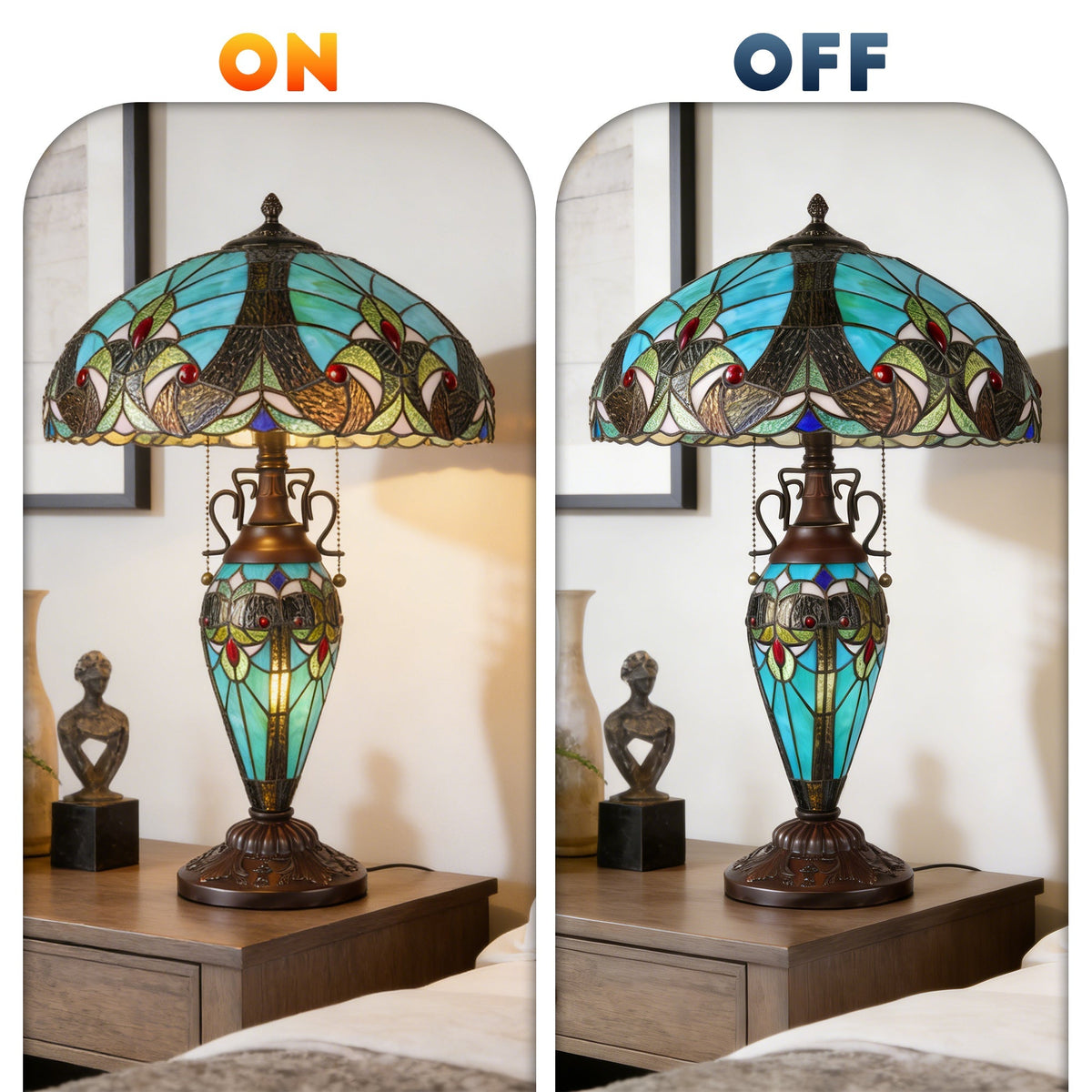 Vintage Tiffany Style Turquoise Stained Glass Table Lamp - 15.8" Dome Shade 2-Light Bronze Carved Base Desk Lamp