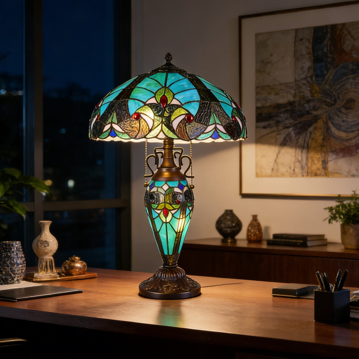 Vintage Tiffany Style Turquoise Stained Glass Table Lamp - 15.8" Dome Shade 2-Light Bronze Carved Base Desk Lamp