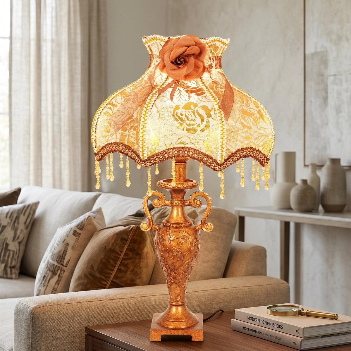 Vintage Victorian Lace Table Lamp with Rose & Beaded Trim | 3-Color Dimmable Bronze Base Desk Lamp