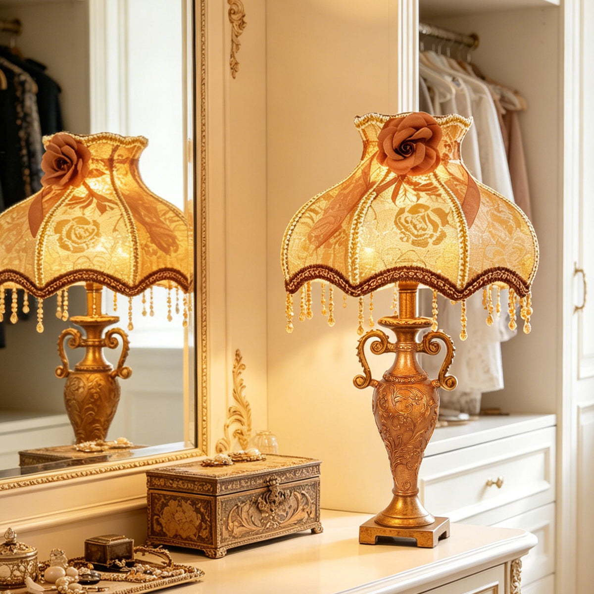 Vintage Victorian Lace Table Lamp with Rose & Beaded Trim | 3-Color Dimmable Bronze Base Desk Lamp