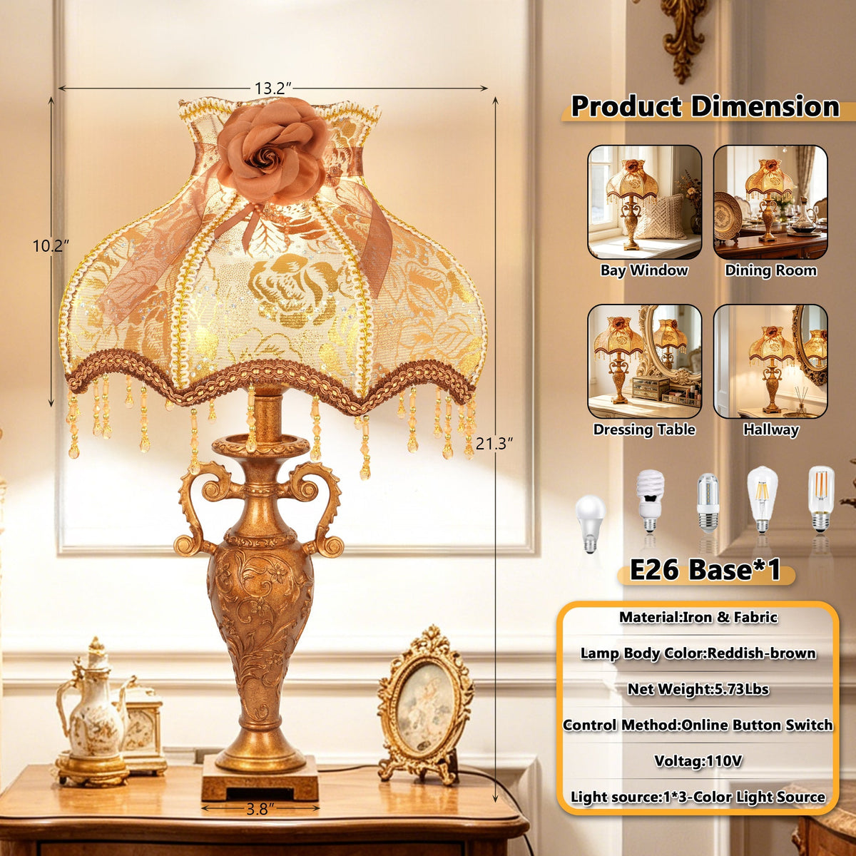 Vintage Victorian Lace Table Lamp with Rose & Beaded Trim | 3-Color Dimmable Bronze Base Desk Lamp